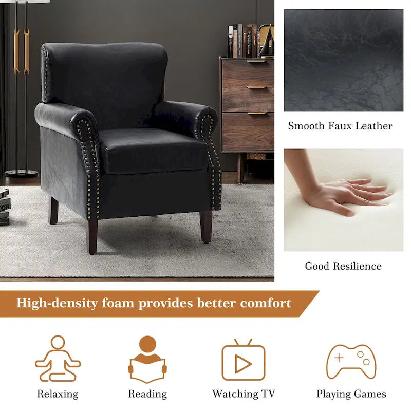 Fauteuil en cuir de transition avec accoudoirs roulés cloutés