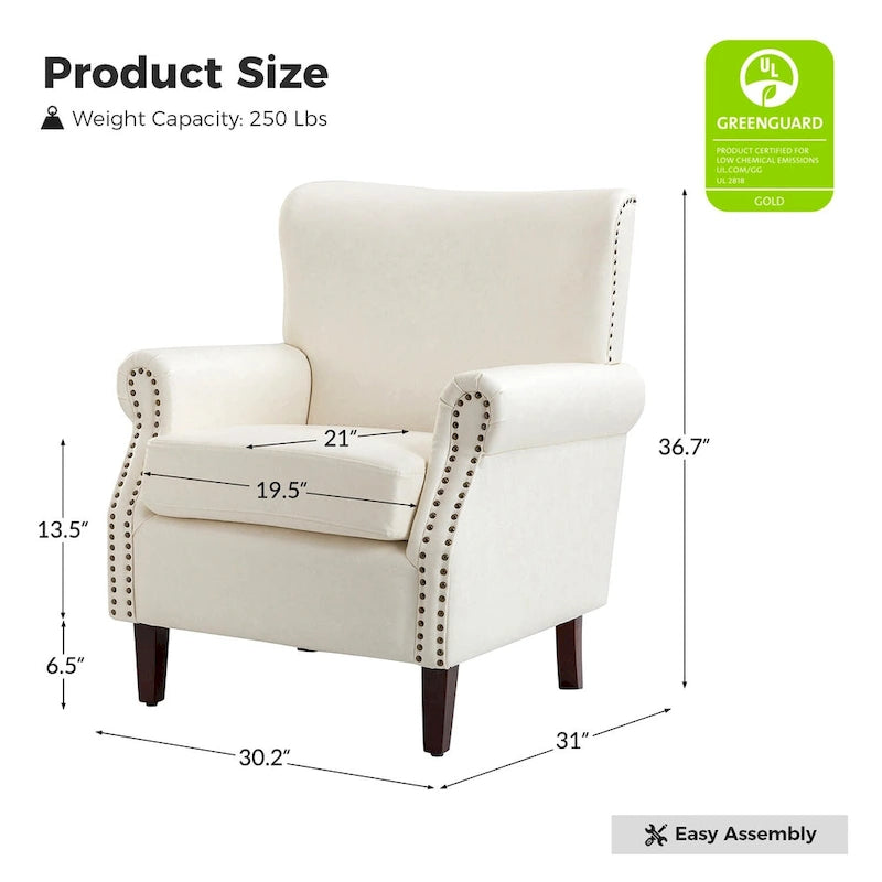Fauteuil en cuir de transition avec accoudoirs roulés cloutés