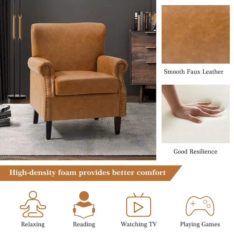 Fauteuil en cuir de transition avec accoudoirs roulés cloutés