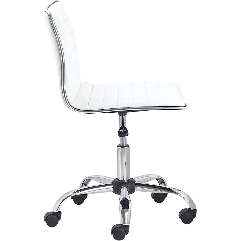 Chaise de bureau blanche en cuir nervuré sans bras à dossier mi-hauteur et pivotante