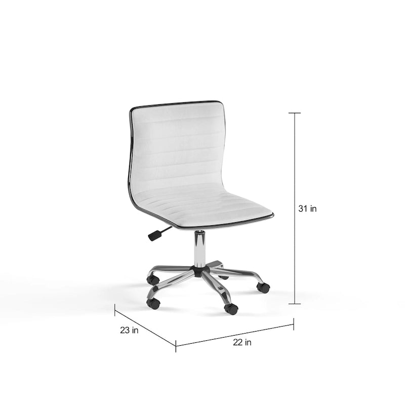 Chaise de bureau blanche en cuir nervuré sans bras à dossier mi-hauteur et pivotante