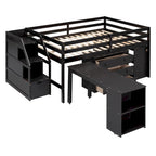 Lit mezzanine pleine grandeur avec bureau escamotable et 3 tiroirs, lit mezzanine en bois avec escalier de rangement et étagères, expresso