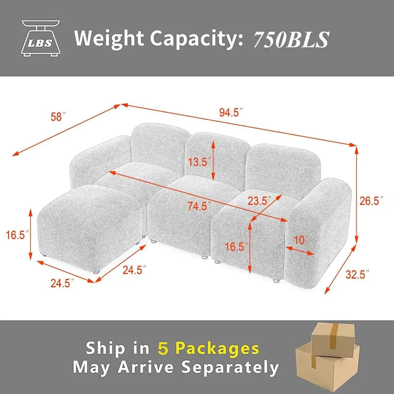 Canapé d'angle modulable moderne en forme de L, combinaison DIY, canapé rembourré 3 places avec méridienne pour salon