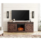 Meuble TV avec cheminée, centre de divertissement de style rustique avec portes coulissantes en forme de grange