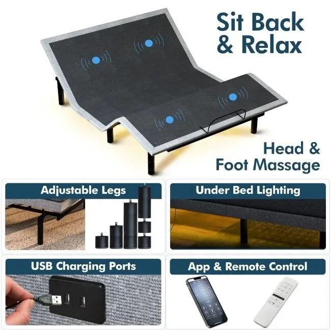 Sommier réglable avec matelas hybride 12 po, massage, port USB, éclairage sous le lit, application, inclinaison de la tête et des pieds