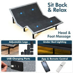 Sommier réglable avec matelas hybride 12 po, massage, port USB, éclairage sous le lit, application, inclinaison de la tête et des pieds