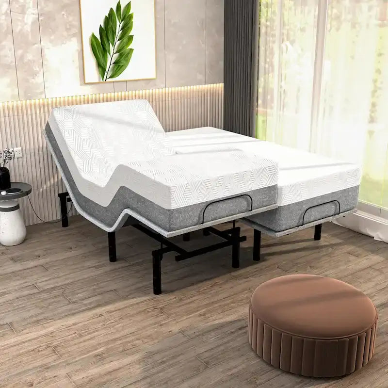 Sommier réglable avec matelas hybride 12 po, massage, port USB, éclairage sous le lit, application, inclinaison de la tête et des pieds
