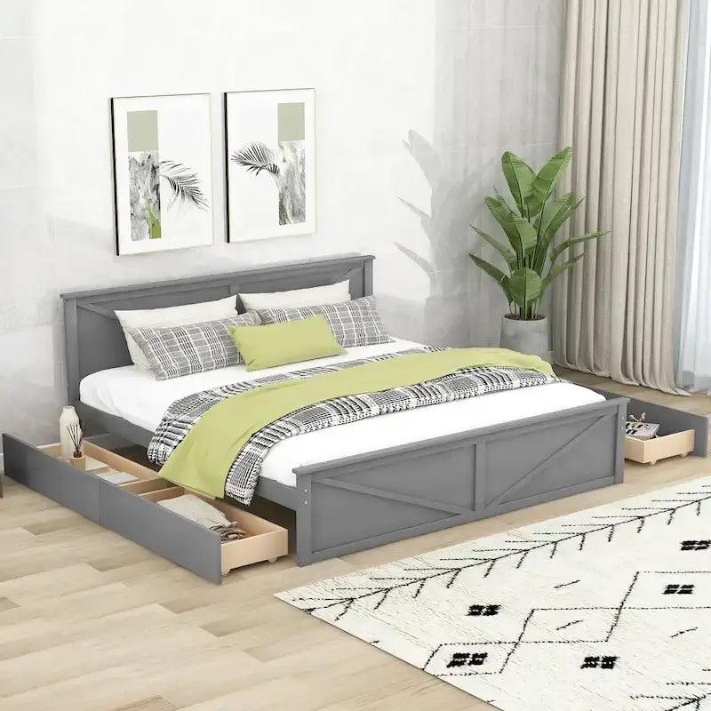 Lit plateforme en bois avec 4 tiroirs de rangement et pieds de soutien