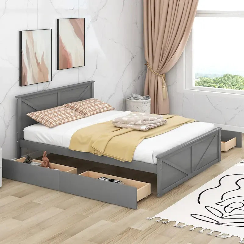 Lit plateforme en bois avec 4 tiroirs de rangement et pieds de soutien