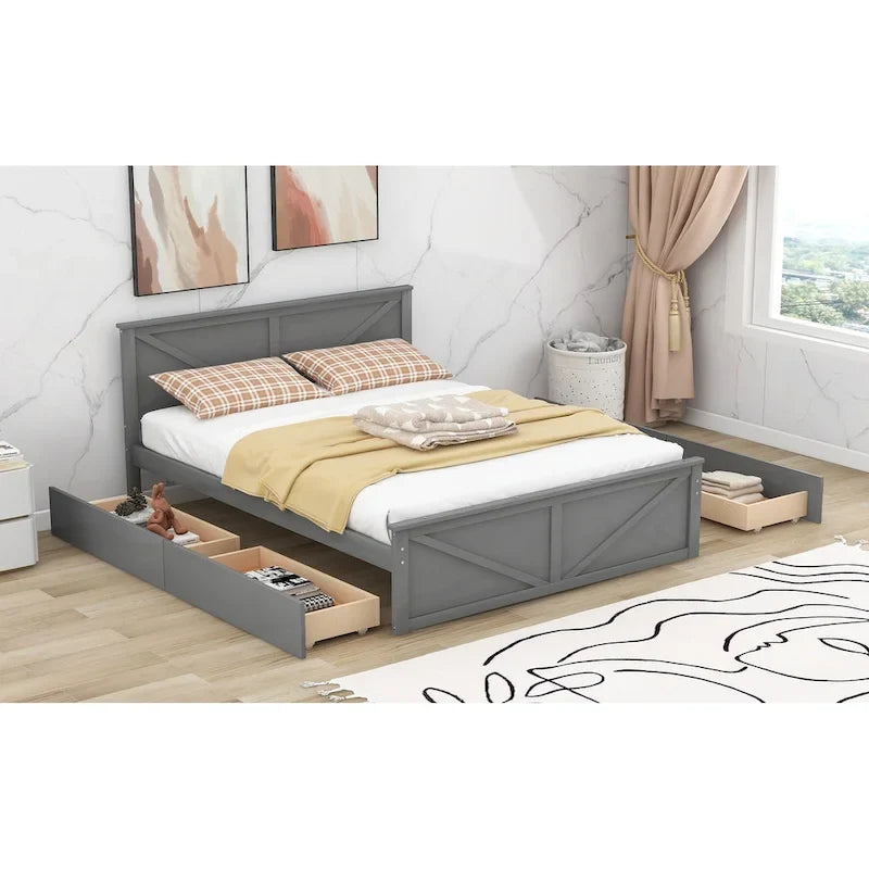 Lit plateforme en bois avec 4 tiroirs de rangement et pieds de soutien
