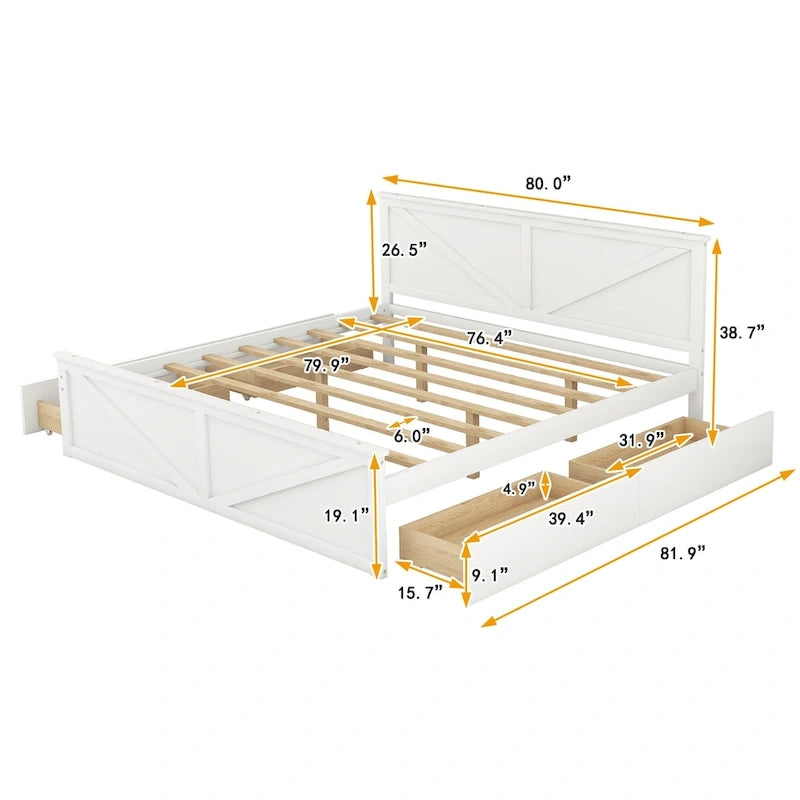 Lit plateforme en bois avec 4 tiroirs de rangement et pieds de soutien