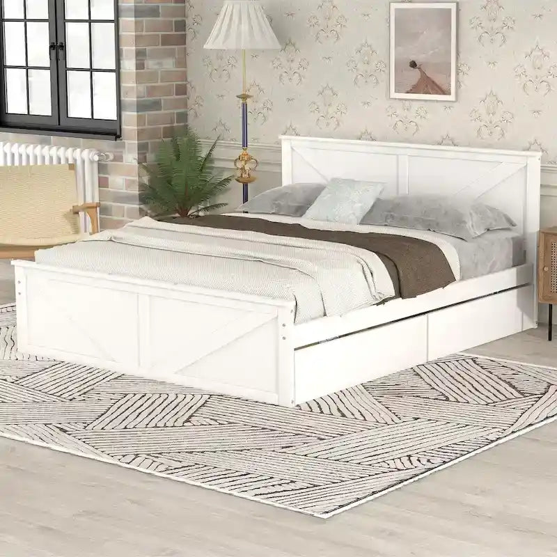 Lit plateforme en bois avec 4 tiroirs de rangement et pieds de soutien