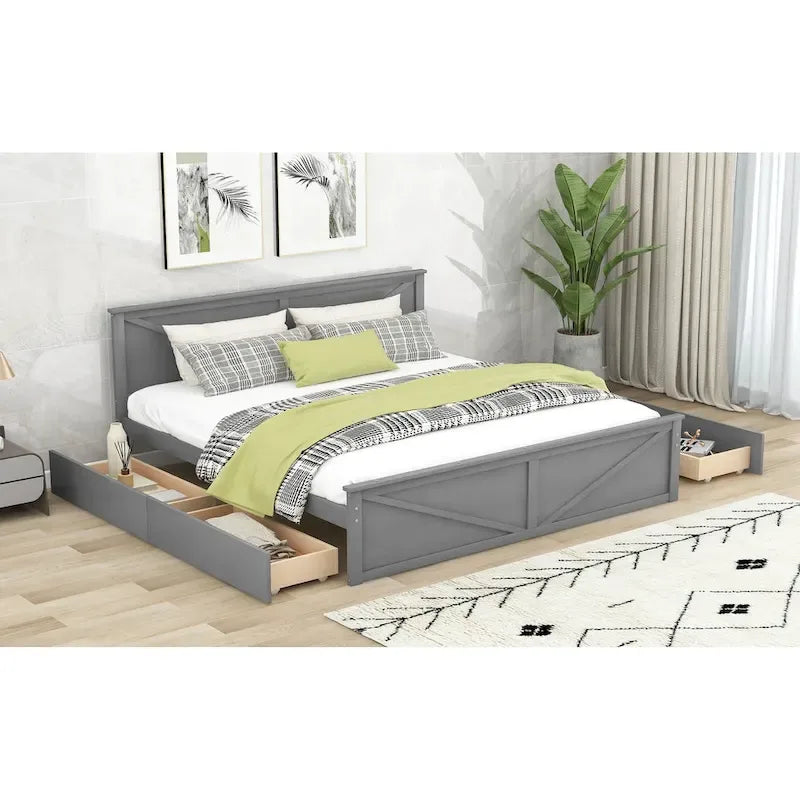 Lit plateforme en bois avec 4 tiroirs de rangement et pieds de soutien