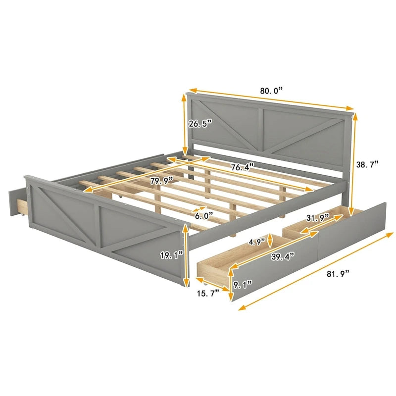 Lit plateforme en bois avec 4 tiroirs de rangement et pieds de soutien