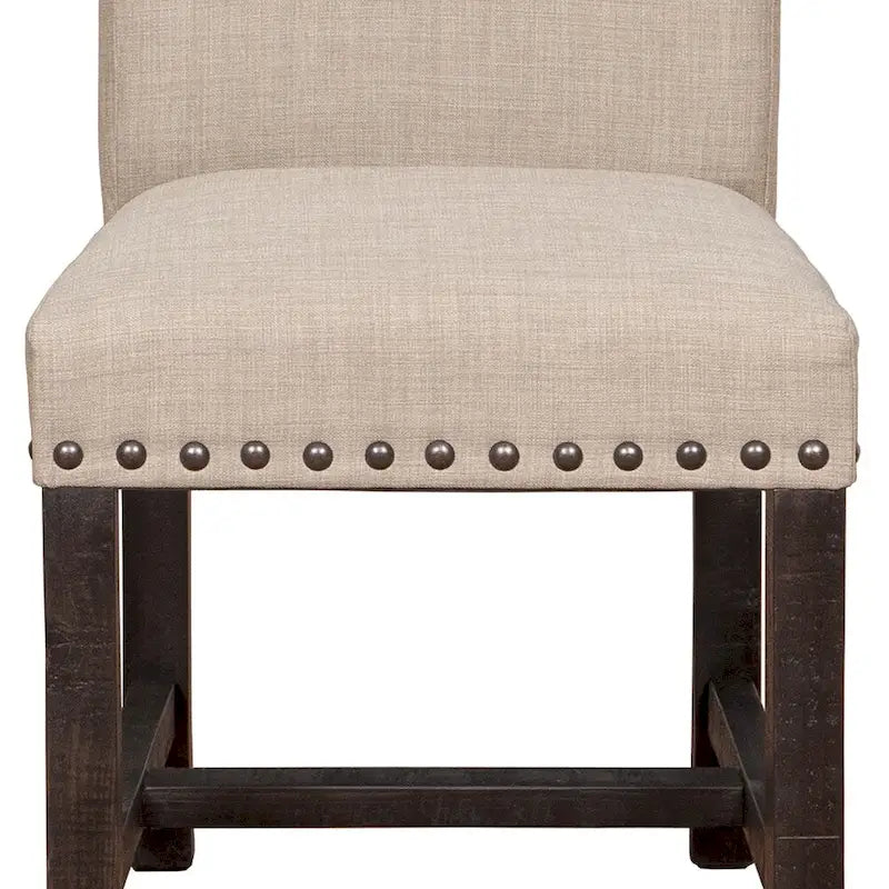 Chaise d'appoint en bois recouverte de tissu avec clous décoratifs, beige et noir