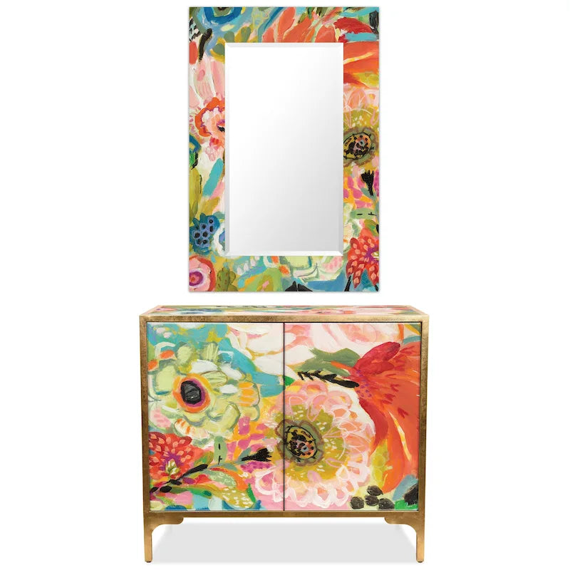Table console d'entrée et miroir en verre biseauté à impression inversée Secret Garden Floral