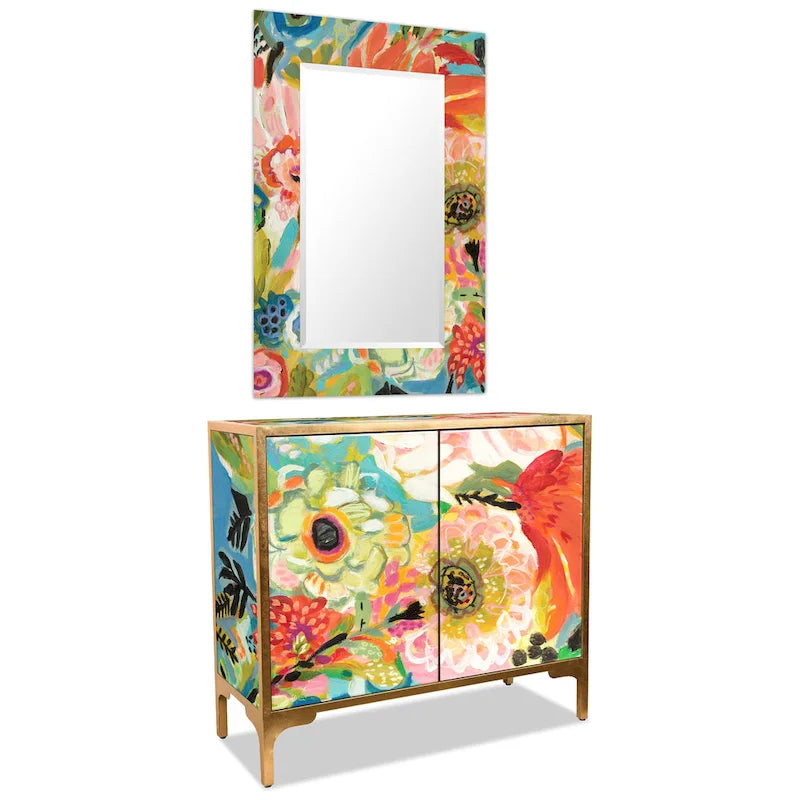 Table console d'entrée et miroir en verre biseauté à impression inversée Secret Garden Floral