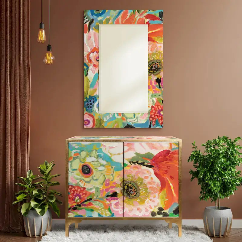 Table console d'entrée et miroir en verre biseauté à impression inversée Secret Garden Floral