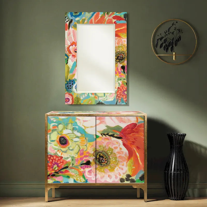 Table console d'entrée et miroir en verre biseauté à impression inversée Secret Garden Floral