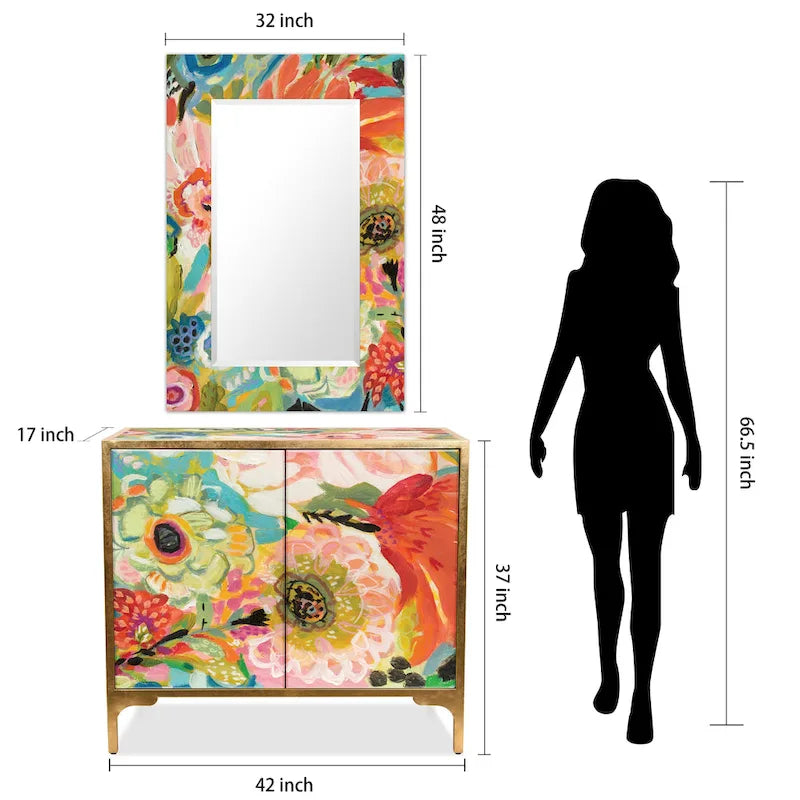 Table console d'entrée et miroir en verre biseauté à impression inversée Secret Garden Floral