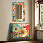 Table console d'entrée et miroir en verre biseauté à impression inversée Secret Garden Floral