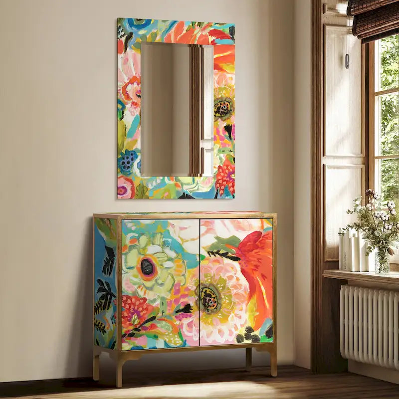 Table console d'entrée et miroir en verre biseauté à impression inversée Secret Garden Floral