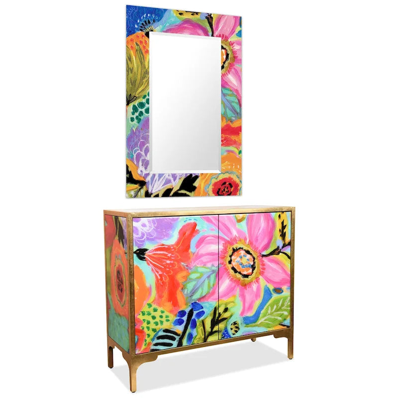 Table console d'entrée et miroir en verre biseauté à impression inversée Secret Garden Floral