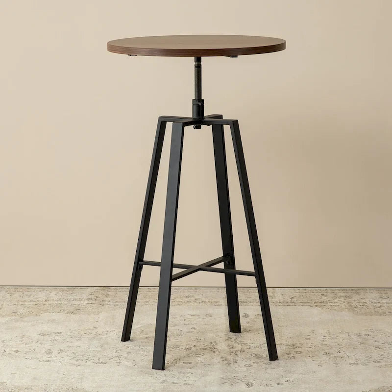 Table de bar ronde industrielle réglable avec plateau en bois et pivotante