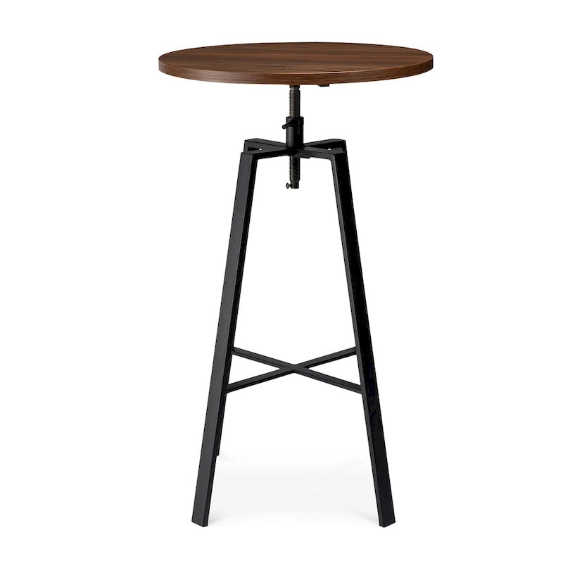 Table de bar ronde industrielle réglable avec plateau en bois et pivotante