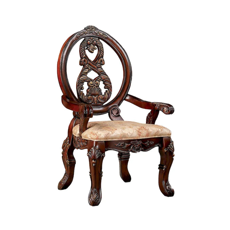 Chaise de salle à manger de 28 po (paquet de 2), dossier sculpté en bois brun, tissu beige